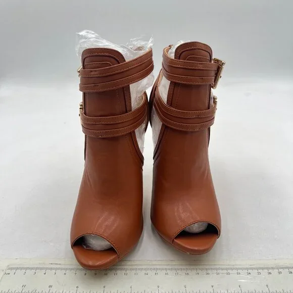 XYD Brown Peep Toe Sandal Ankle Booties Dual Buckled Straps Stiletto Heels Shoes - Picture 3 of 8